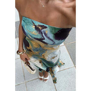 12th Tribe Natalia Blue and Gold Watercolor Strapless Maxi Dress Size SS